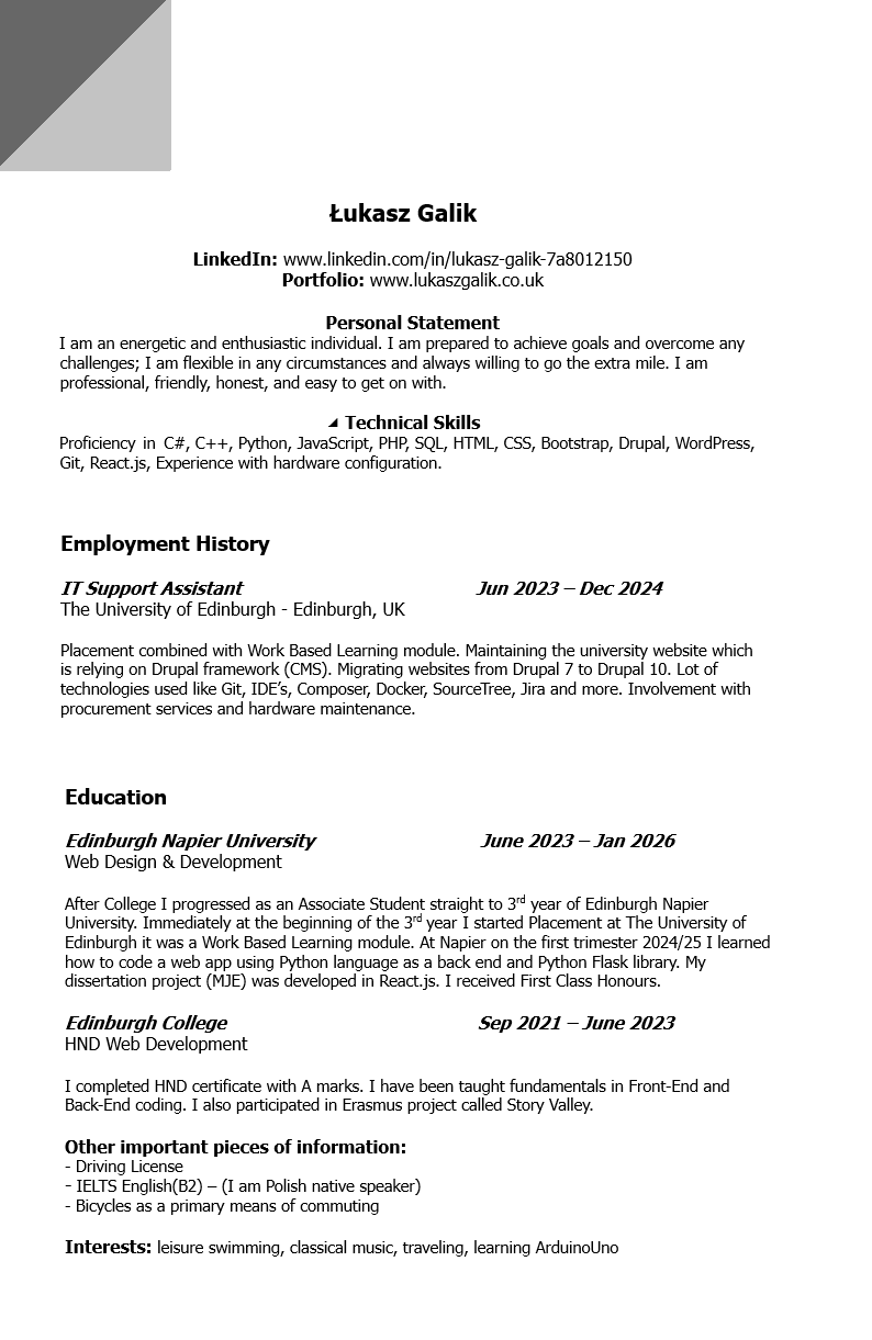image of CV - Front End Web Developer Edinburgh - curriculum vitae page